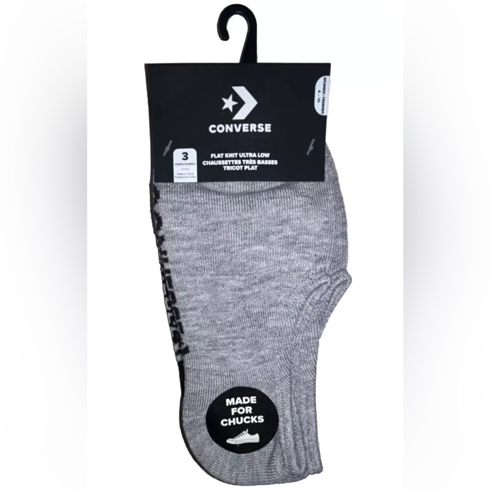 Converse Flat Knit Ultra Low Socks 3 Pair Women 4-10 Gray White w Logo 4 Chucks